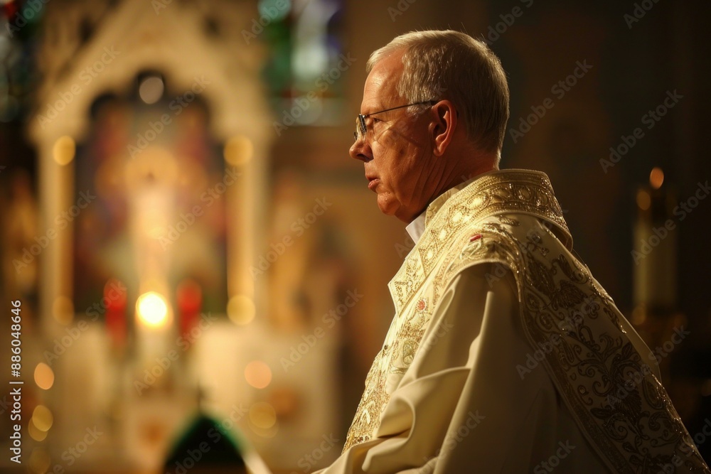 Priest is praying in a church, standing in his ornate robe in front of a blurred alter Priest is praying in a church, standing in his ornate robe in front of a blurred alter