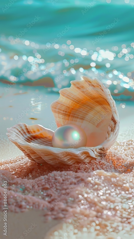 Glowing pearl in a seashell on the beach with blurred ocean waves in the background Glowing pearl in a seashell on the beach with blurred ocean waves in the background