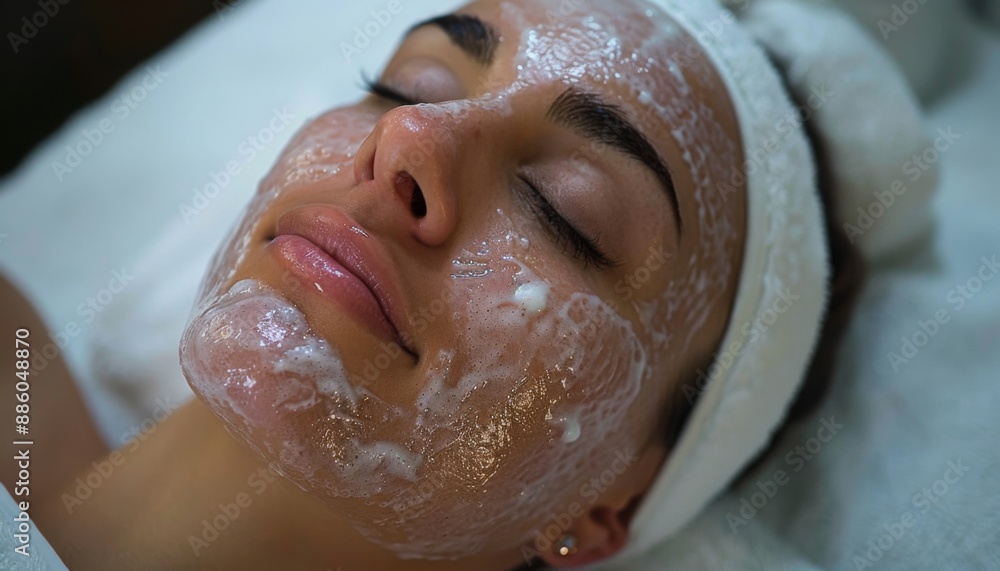 Woman receiving a collagen boost facial, spa healthy skin, anti-aging treatment Woman receiving a collagen boost facial, spa healthy skin, anti-aging treatment
