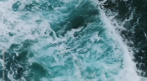  Aerial view of turbulent ocean white water and wav