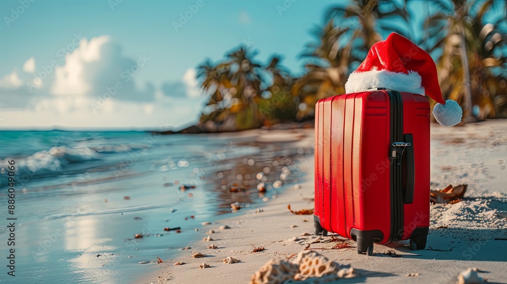 Red suitcase in Santa's hat on the tropical beach. Concept of Christmas or New year holidays, greeting card Red suitcase in Santa's hat on the tropical beach. Concept of Christmas or New year holidays, greeting card