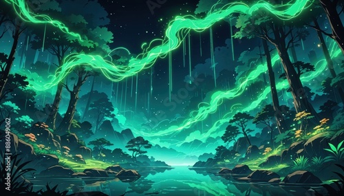 A mesmerizing forest at night illuminated by vibrant green lights cascading from the sky. The serene scene features towering trees, a reflective river, and a starry night sky. Anime art style © franxxlin_studio