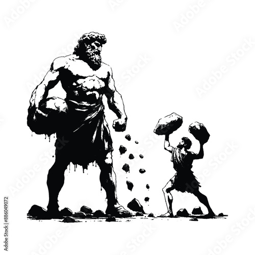 David and Goliath, Show David with stones in hand unwavering resolve facing the towering Goliath, in flat illustration
