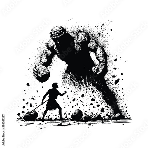 David and Goliath, Show David with stones in hand unwavering resolve facing the towering Goliath, in flat illustration