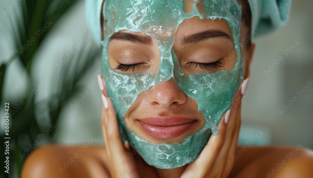 Woman with cooling gel mask in spa, spa healthy skin, refreshing skin therapy Woman with cooling gel mask in spa, spa healthy skin, refreshing skin therapy