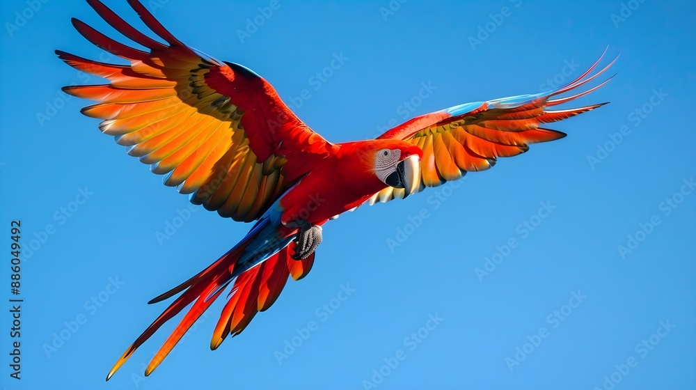 Obraz premium Scarlet Macaw flying in front of a clear blue sky