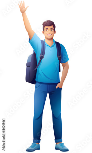 Young man with a small backpack on one shoulder, raising his hand and smiling, wearing casual blue attire and standing in a welcoming posture. Plain background