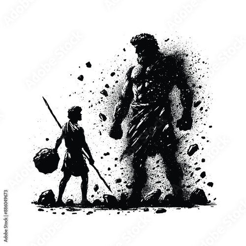 David and Goliath, Show David with stones in hand unwavering resolve facing the towering Goliath, in flat illustration