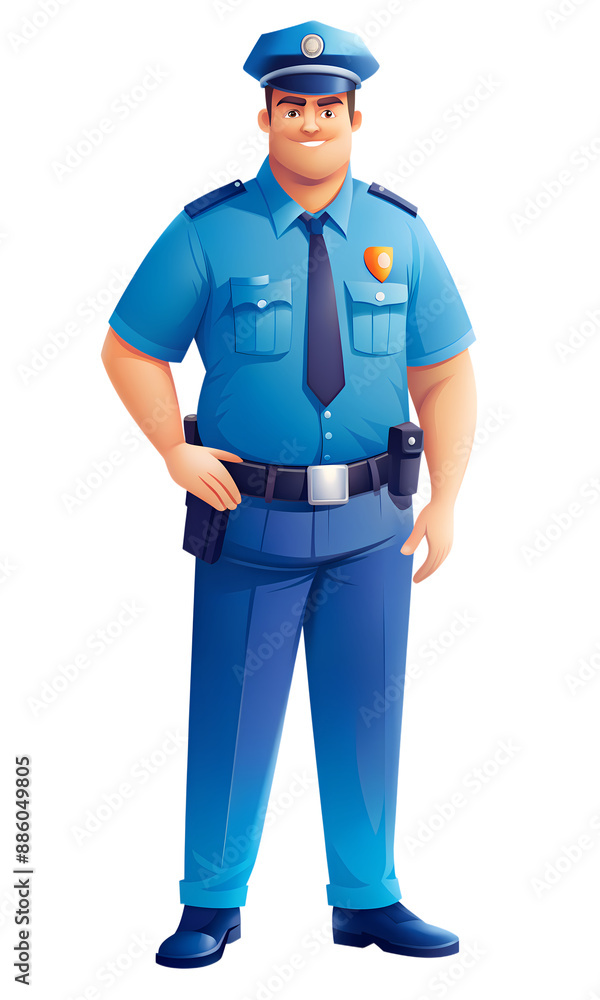 Policeman standing in full uniform with hands on his hips, wearing a blue shirt, matching pants, and a cap, conveying authority and confidence Plain background Policeman standing in full uniform with hands on his hips, wearing a blue shirt, matching pants, and a cap, conveying authority and confidence Plain background