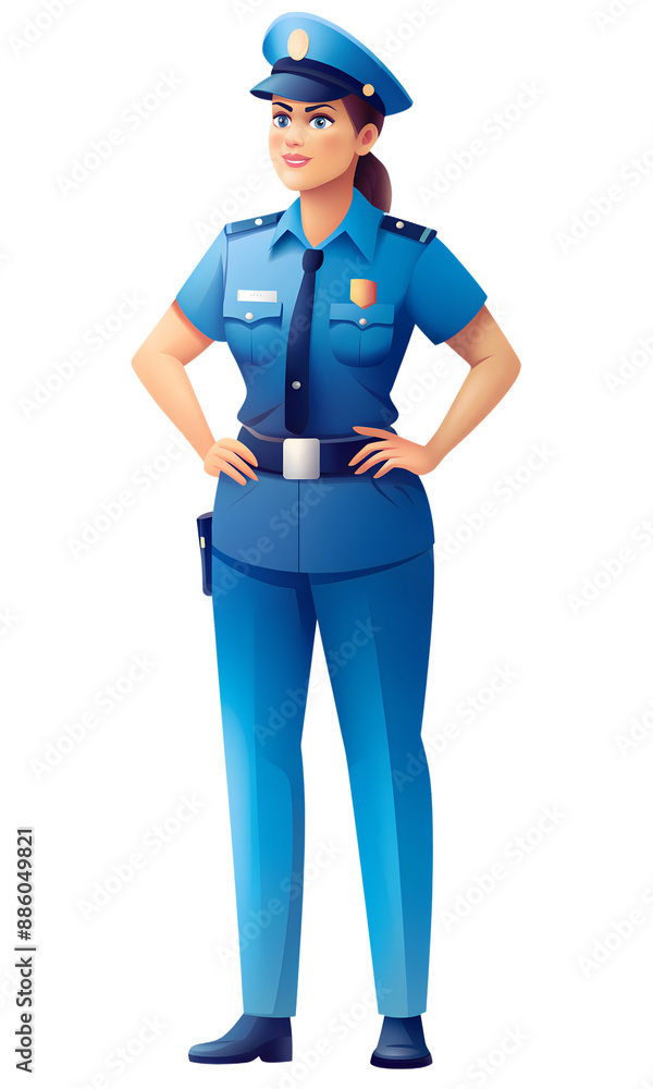 Confident policewoman in blue uniform with badge and equipment belt, standing with hands on hips and a friendly smile, on a plain background Confident policewoman in blue uniform with badge and equipment belt, standing with hands on hips and a friendly smile, on a plain background