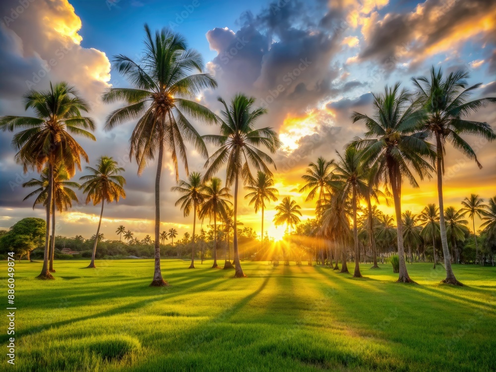 Warm golden light of a serene sunset illuminates a tranquil landscape, casting a gentle glow on the lush green grass and towering palm trees. Warm golden light of a serene sunset illuminates a tranquil landscape, casting a gentle glow on the lush green grass and towering palm trees.
