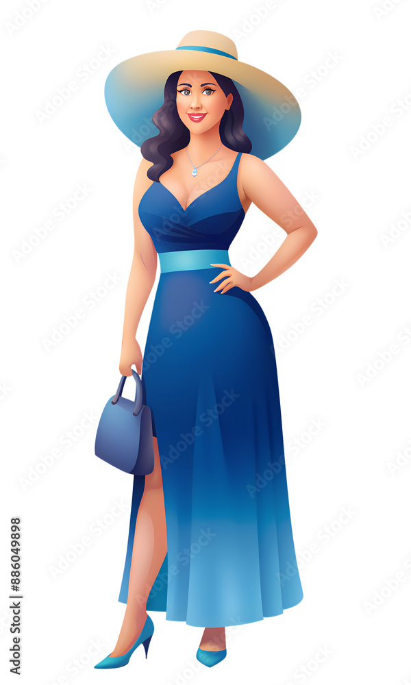 Elegant woman in full length floral dress and wide brimmed hat posing confidently, isolated on a transparent background She stands with a slight smile, hands on hips, exuding poise and grace