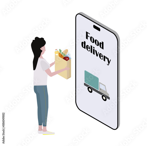 food delivery, online shopping, food, delivery, shipping, stay, takeout, mobile app, cartoon, application, buy, jus, bread, milk, fast order, customer, product, technology, pandemic, girl, virus, drin photo