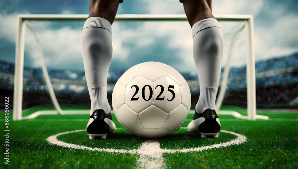 happy new 2025 year soccer themed, football background, sport concept, template, soccer field