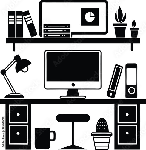 computer workspace silhouette illustration. workspace, office, computer, workplace, business, desk, modern, screen, 