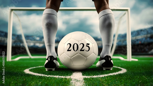Obraz na płótnie happy new 2025 year soccer themed, football background, sport concept, template, soccer field w salonie