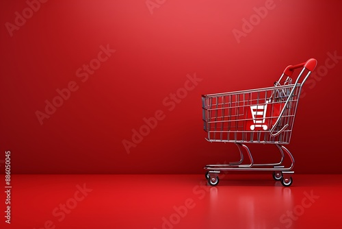 Black Friday promotional banner featuring bold white text with a shopping cart icon, set against a solid crimson background, ideal for advertising discounts. photo