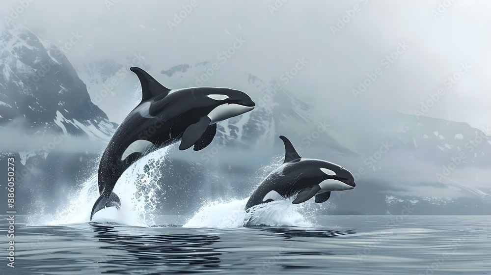 Fototapeta premium Pair of leaping Killer Whales