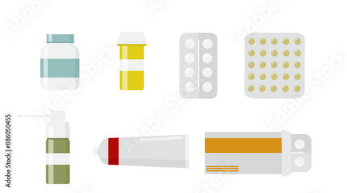  Various medicines, tablets, nasal spray, blister, ointment. Vector illustration in flat style isolated on white background. Concept for formology, pharmacy, advertising, medicine, website, app
