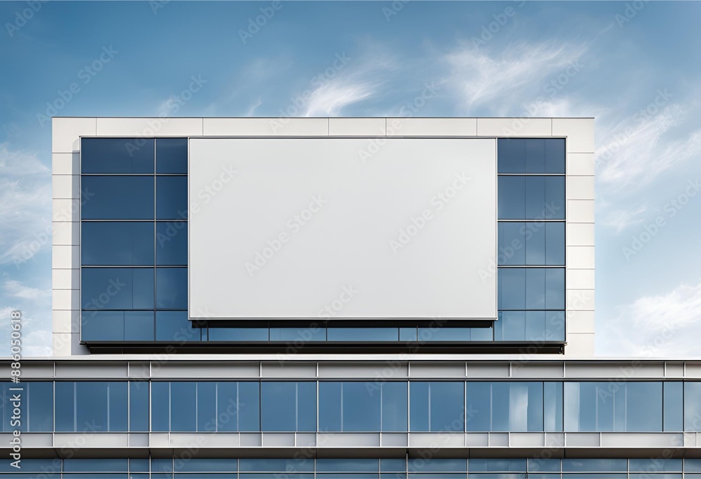 Blank square billboard on modern building facade, reflecting windows and sky. Ideal for commercial advertising and promotional displays in urban settings Blank square billboard on modern building facade, reflecting windows and sky. Ideal for commercial advertising and promotional displays in urban settings