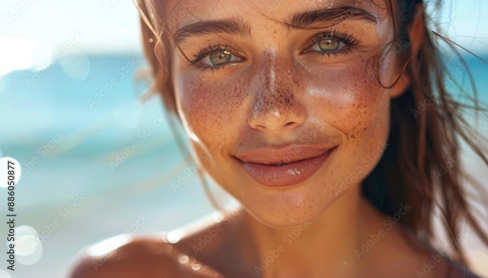 Woman with dewy skin applying sunscreen Woman with dewy skin applying sunscreen