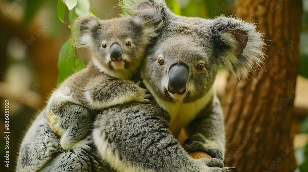 Fototapeta premium Mother koala with baby on her back