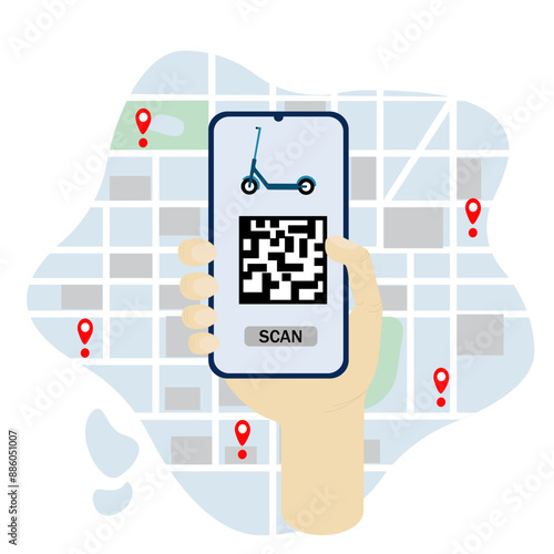 Rent a scooter from your smartphone, scan the code, phone in hand on the city map. Code, scooter on the screen of a mobile phone in hand. On a white background.