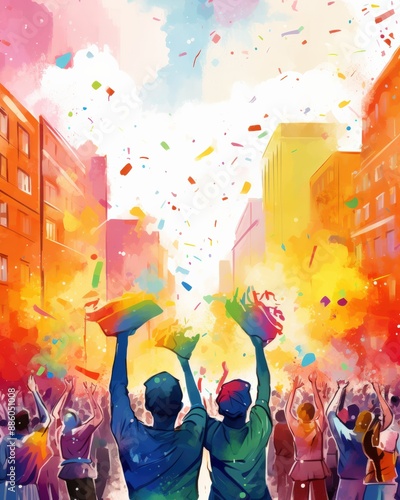 Vibrant street celebration with colorful powder, confetti, and crowds in a lively urban setting, featuring joyous people.
