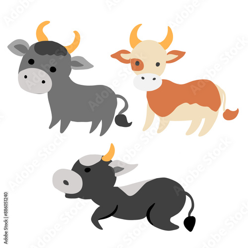 Cartoon calf set vector kid animal domestic cute ginger spotted cow standing isolated on white Character design moo for greeting card, children invite, packaging milk product, creation of zoo alphabet