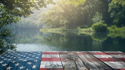 Independence Day. 4th july. Veterans Day. Presidents day. Patriotic USA flag on table top by the lake for background