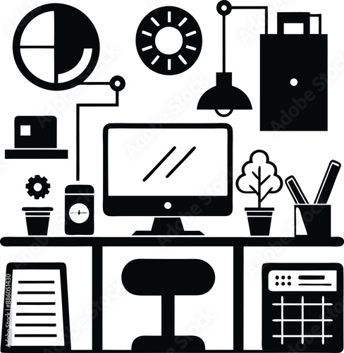 computer workspace silhouette illustration. workspace, office, computer, workplace, business, desk, modern, screen, 