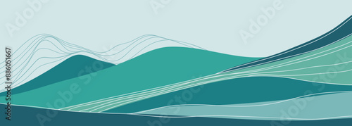 Blue Mountain landscape with line art. Vector illustration of Winter Mountains landscape. mountains, hills