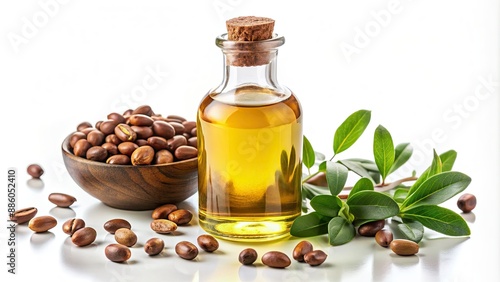 Glass bottle with jojoba oil and seeds on white background