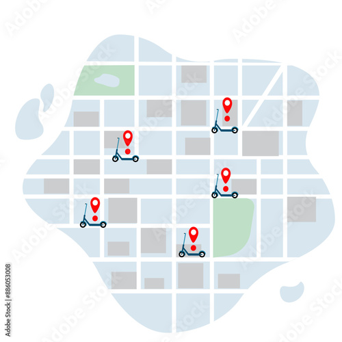 Search for a scooter for rent on the city map. Flat isolated vector illustration on white. Concept for scooter rental, green, ecological transport