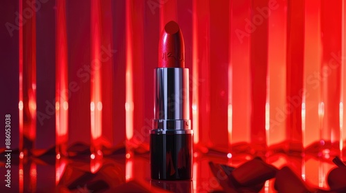 Red lipstick tube on a reflective red surface with a red curtainlike background photo