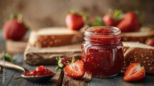 Scrumptious homemade strawberry jam in a glass jar with fresh strawberries