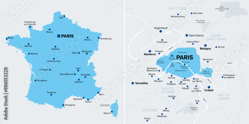 Metropolitan France silhouette, and Paris, a department and the capital city, political map. European France, compromising the mainland and Corsica, and Petite Couronne, inner ring of Ile-de-France.