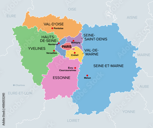 Ile-de-France, departments and prefectures of the Paris Region, multi colored political map. Most populous region of France, centered on the capital Paris, located in the countries north-central part.