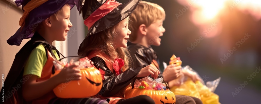 Naklejka premium Happy kids in colorful Halloween costumes, collecting candy door to door, a clear area for text on a twilight scene