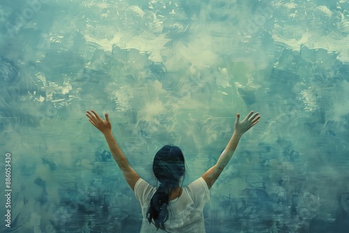 Wallpaper Mural Asian Christian woman stands in peaceful room with blue wall. She raises arms to worship God. Atmosphere is calm, serene. This digital art image features grunge old canvas background with blue hues. Torontodigital.ca