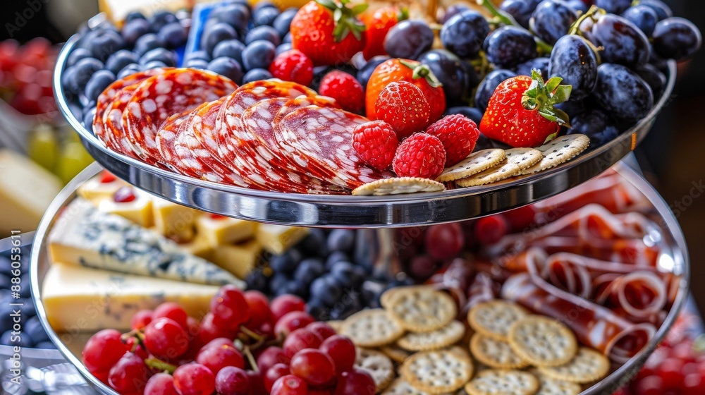 July 4th charcuterie board on a two-tiered serving metal stand filled with cheese. crackers. salami. and fresh fruits July 4th charcuterie board on a two-tiered serving metal stand filled with cheese. crackers. salami. and fresh fruits