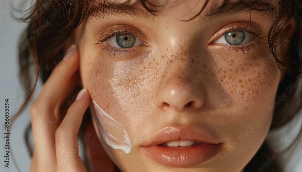 Fresh faced model applying moisturizer Fresh faced model applying moisturizer