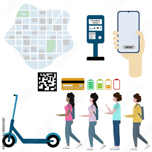 A set of elements on the theme of scooter rental. City map, electric scooter charger, phone in hand, bank card, battery and battery charge level of man and woman, scooter