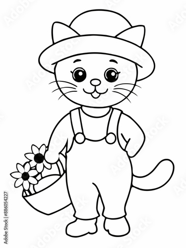 A cute kitten wearing a hat and overalls is holding a basket full of sunflowers vector line art