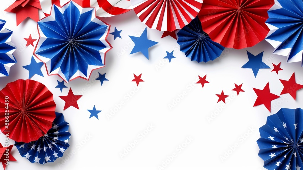 Fototapeta premium Happy Labor Day. Independence Day. Veterans day banner design. Flat lay red. white. and blue USA paper fans isolated on white background.