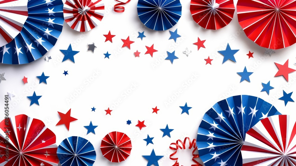 Obraz premium Happy Labor Day. Independence Day. Veterans day banner design. Flat lay red. white. and blue USA paper fans isolated on white background.