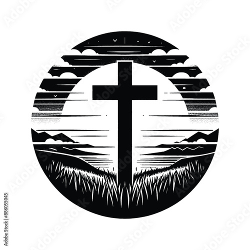 Easter Sunrise, Capture the cross silhouetted against a sunrise, in flat illustration