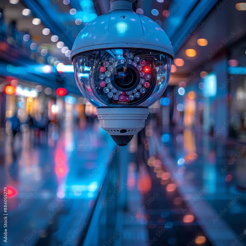 A camera is mounted on a pole in a city street A camera is mounted on a pole in a city street