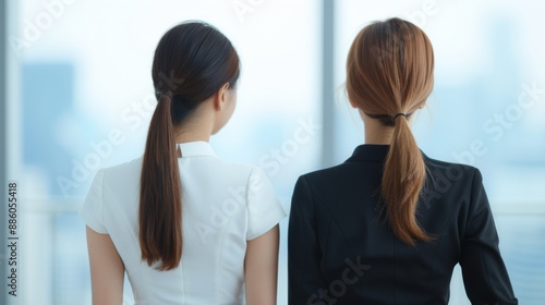 Female Colleagues in Formal Wear Stand, Back View, Business Setting