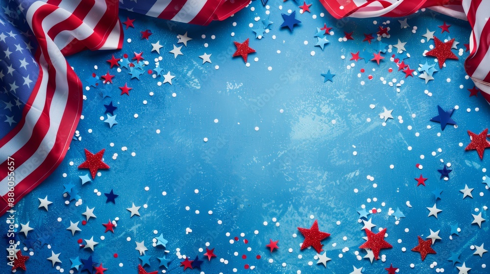 Obraz premium The fourth of july celebration concept. Above view photo empty space with red. white and blue confetti stars and american flag on blue isolated background with copy-space